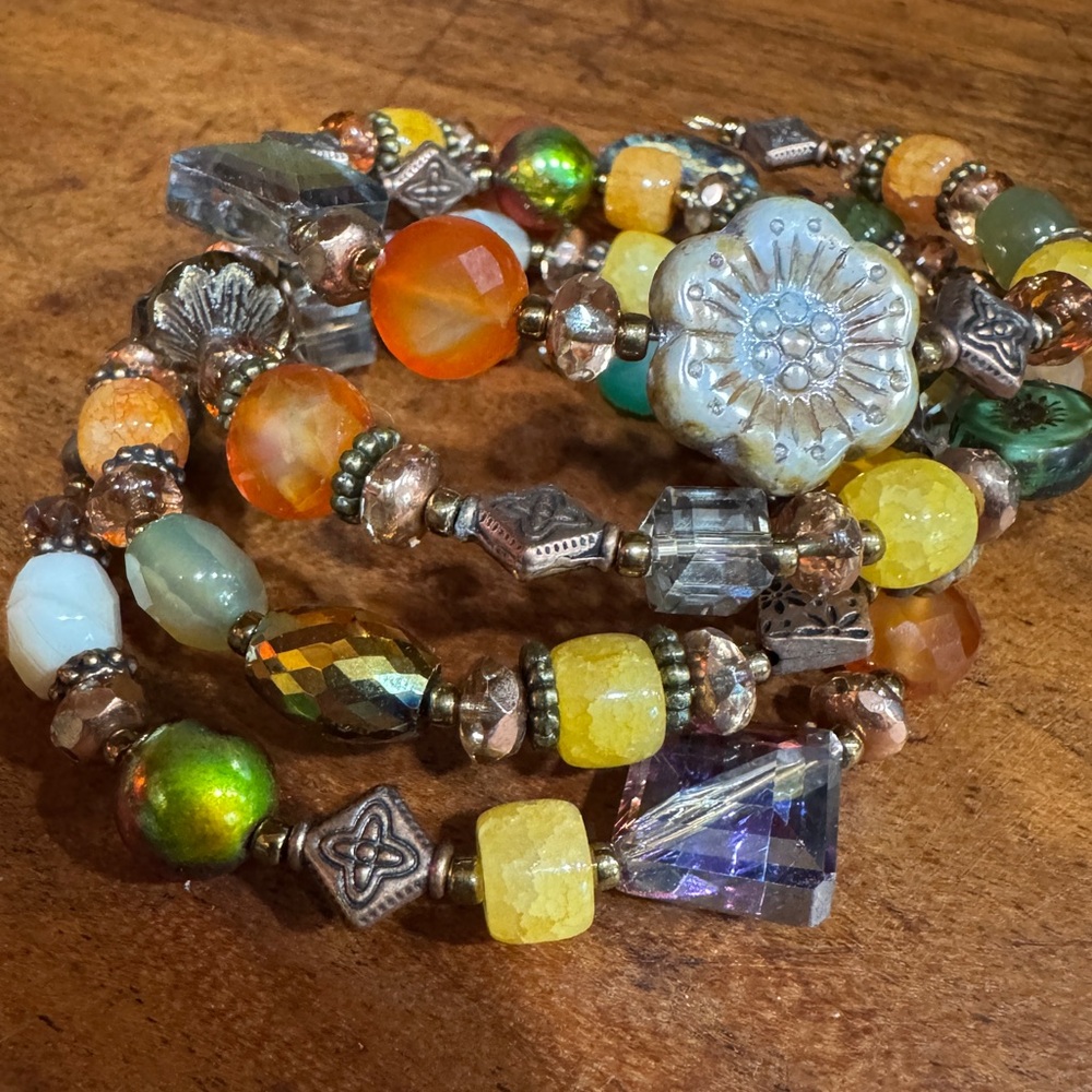 Handmade Czech Glass, Gemstone, and Crystal Memory Wire Bracelet